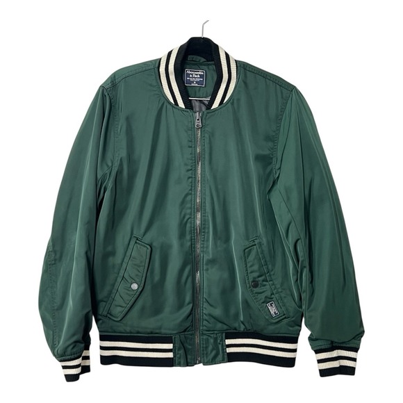 Abercrombie & Fitch Mens Size M Green Varsity Bomber Jacket Ribbed Collar Zip Up